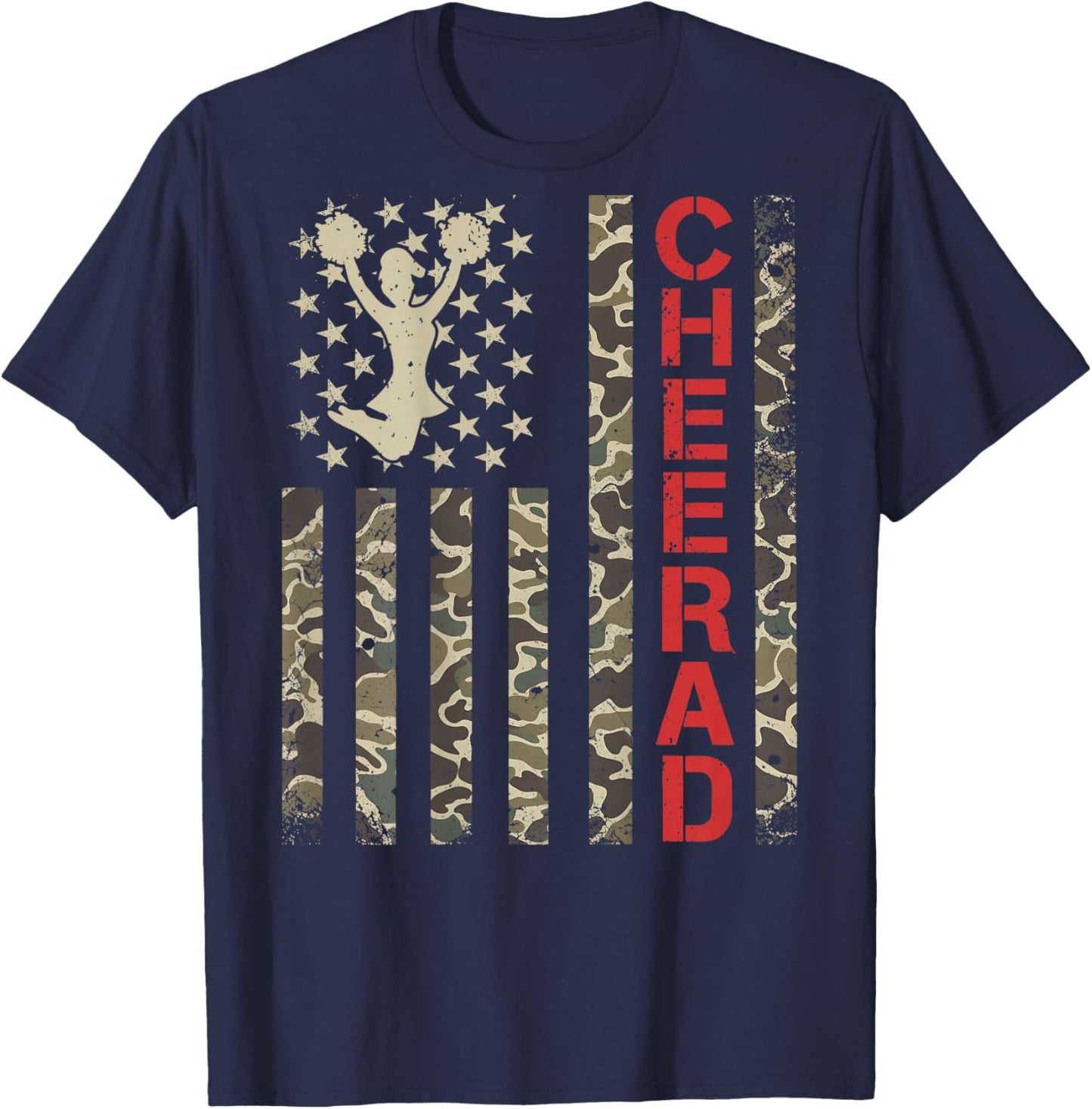 (ON Back) Cheer Dad Camo US Flag Father's Day Cheerleader T-Shirt - T-Shirt | Navy