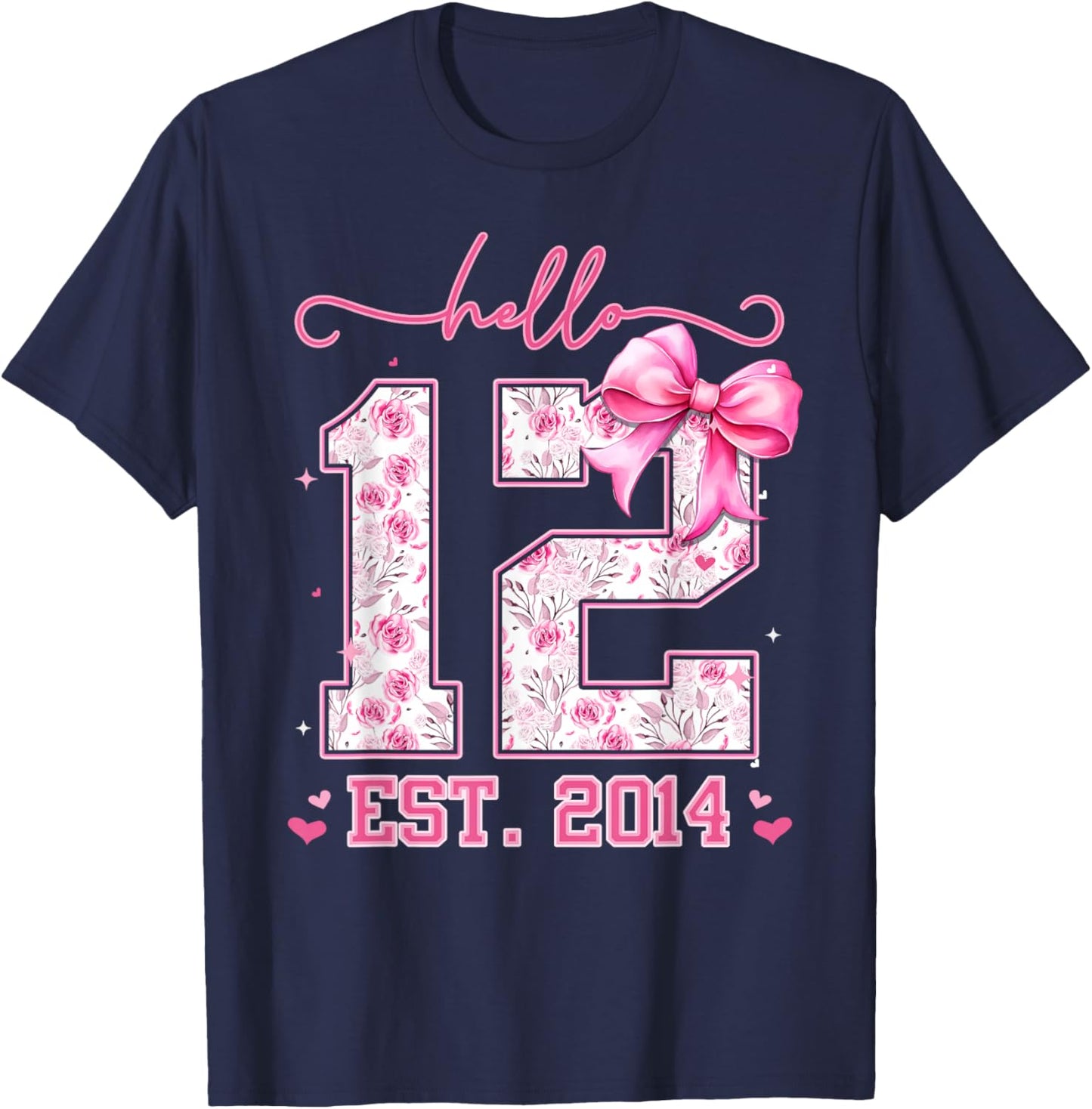 Hello Twelve EST 2014 12th Birthday Coquette Bow 12 Year Old T-Shirt - T-Shirt | Navy