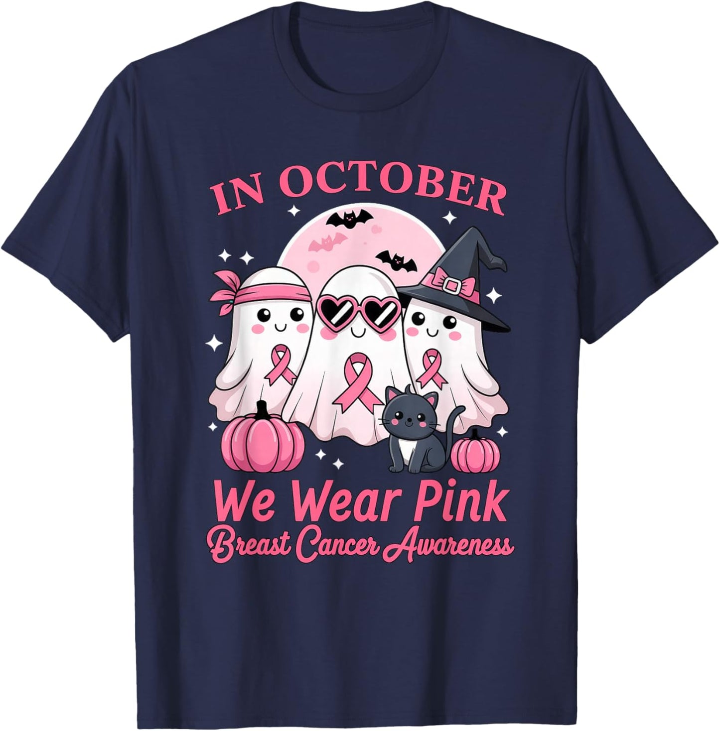 in October We Wear Pink Ghost Squad Breast Cancer Awareness T-Shirt - T-Shirt | Navy