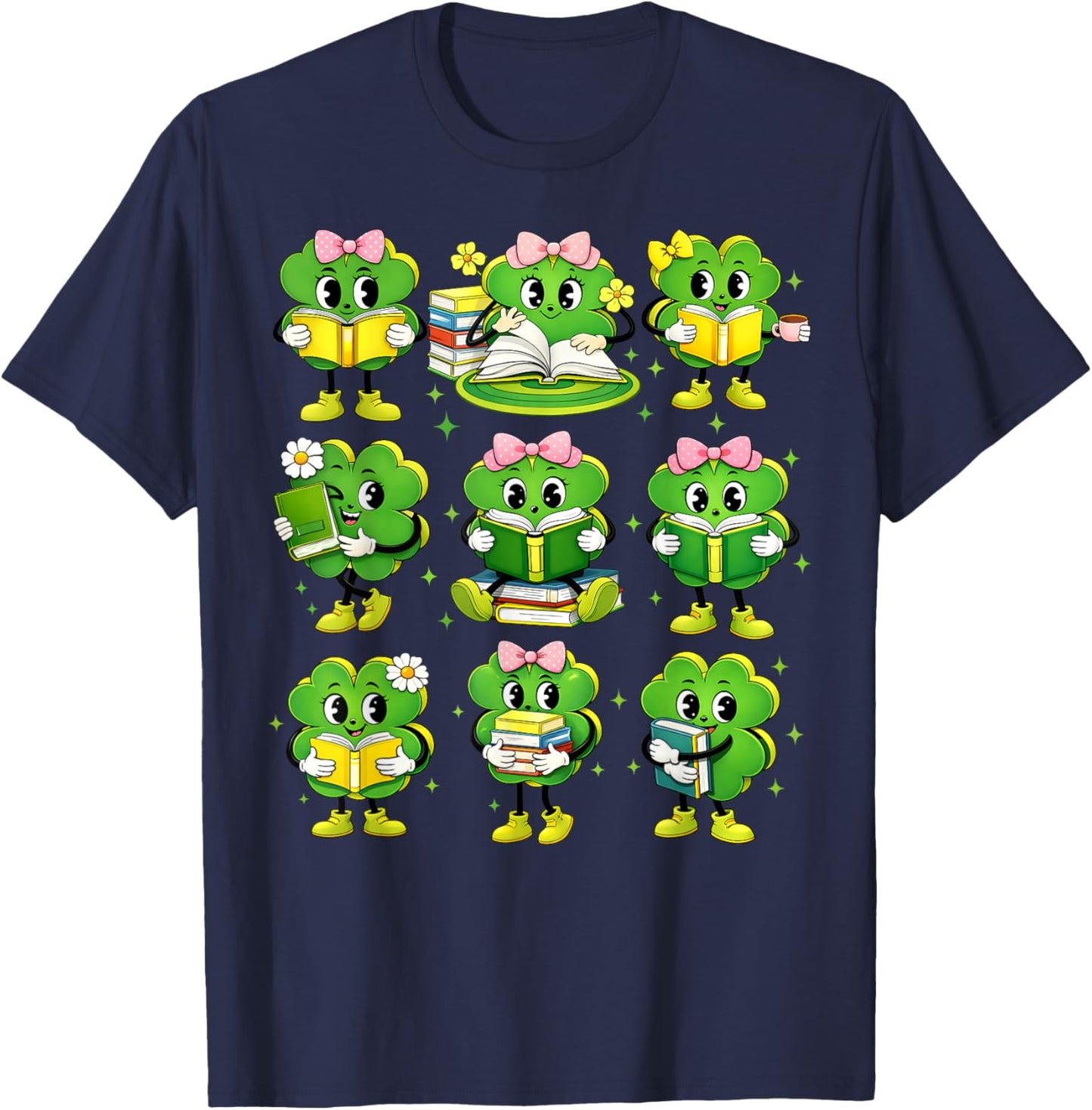 St Patricks Day Shamrock Reading Books Teacher Student Kids T-Shirt - T-Shirt | Navy