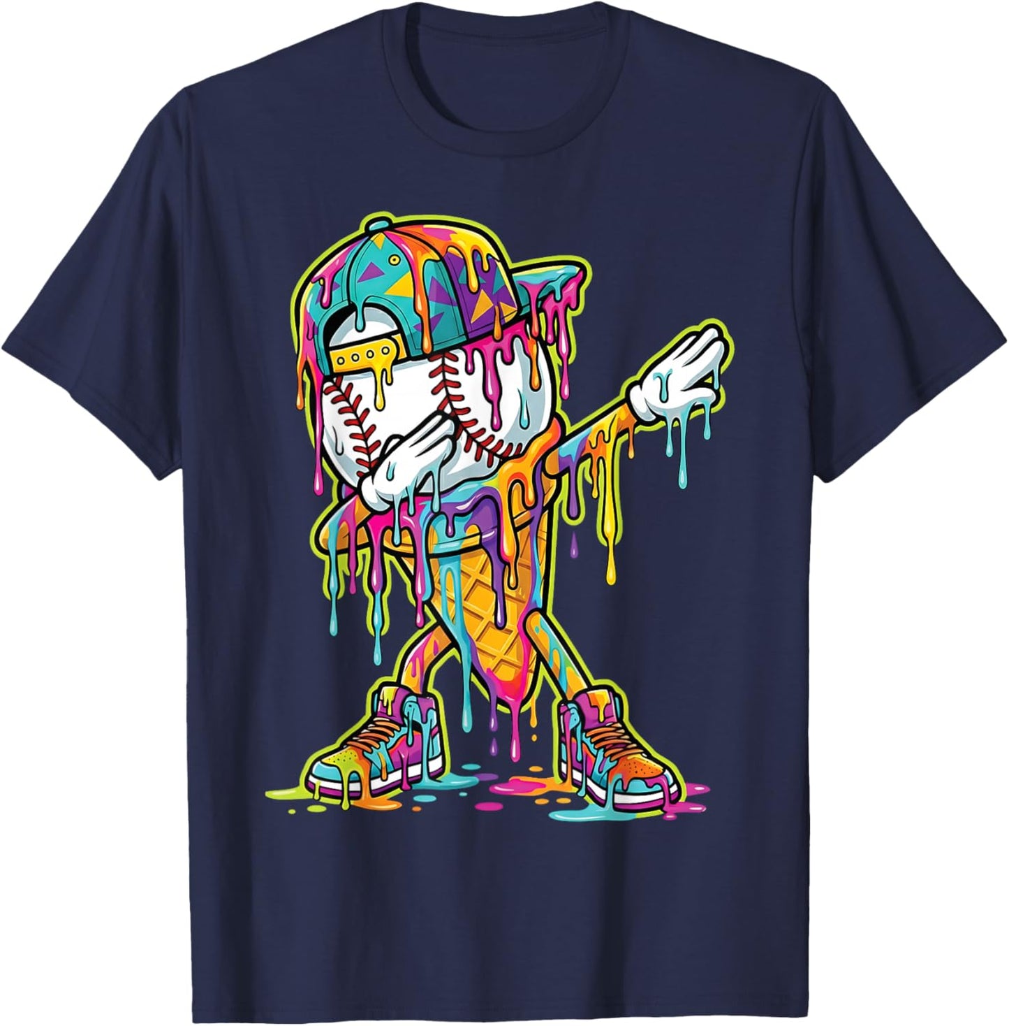 Baseball Ice Cream Dripping Dabbing Baseball Drip T-Shirt - T-Shirt | Navy