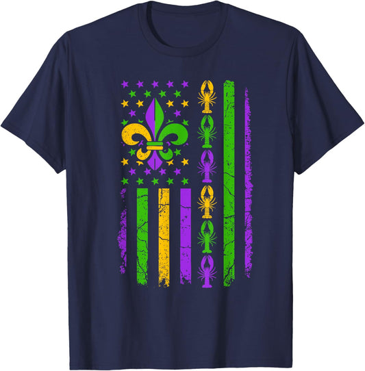 Carnival Mardi Gras USA American Flag Crawfish Parade Outfit T-Shirt - T-Shirt | Navy