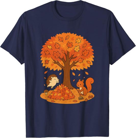 Cute Hedgehog Squirrel Fall Autumn Leaves Tree Leaf Pile T-Shirt - T-Shirt | Navy