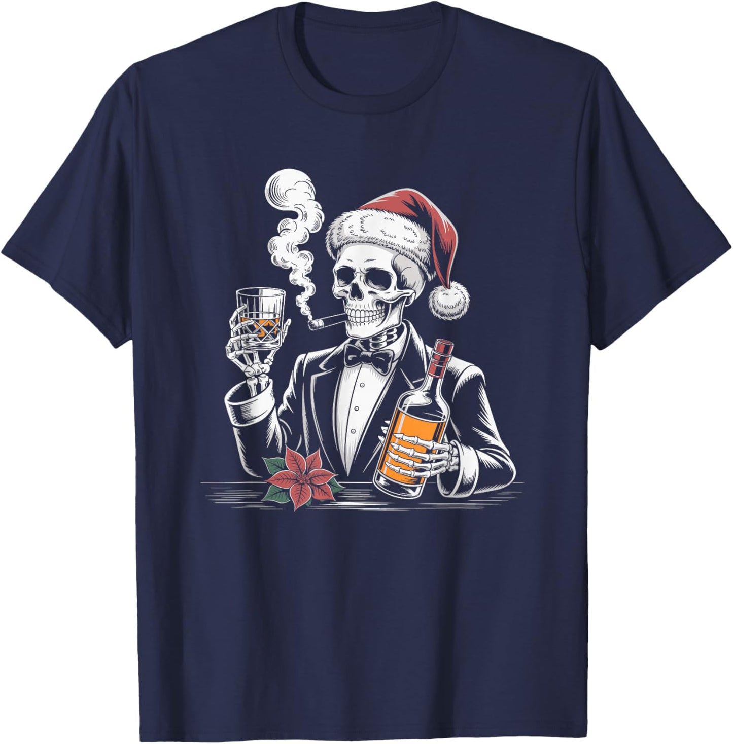 Skeleton Whiskey Christmas Cigar and Whiskey Lovers T-Shirt - T-Shirt | Navy