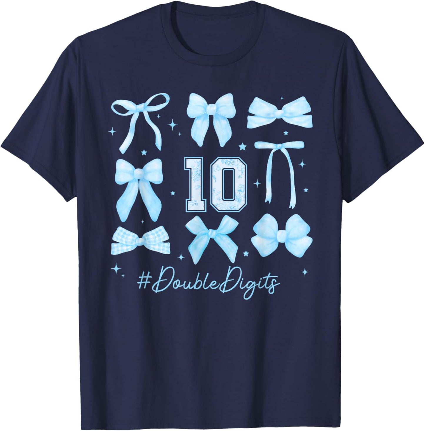 Double Digits Birthday Girl 10th Birthday Coquette Blue Bow T-Shirt - T-Shirt | Navy