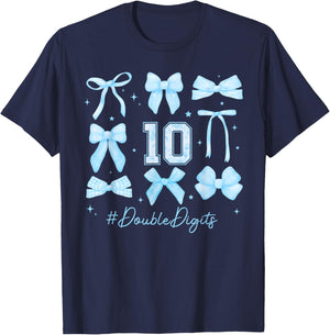 Double Digits Birthday Girl 10th Birthday Coquette Blue Bow T-Shirt - T-Shirt | Navy