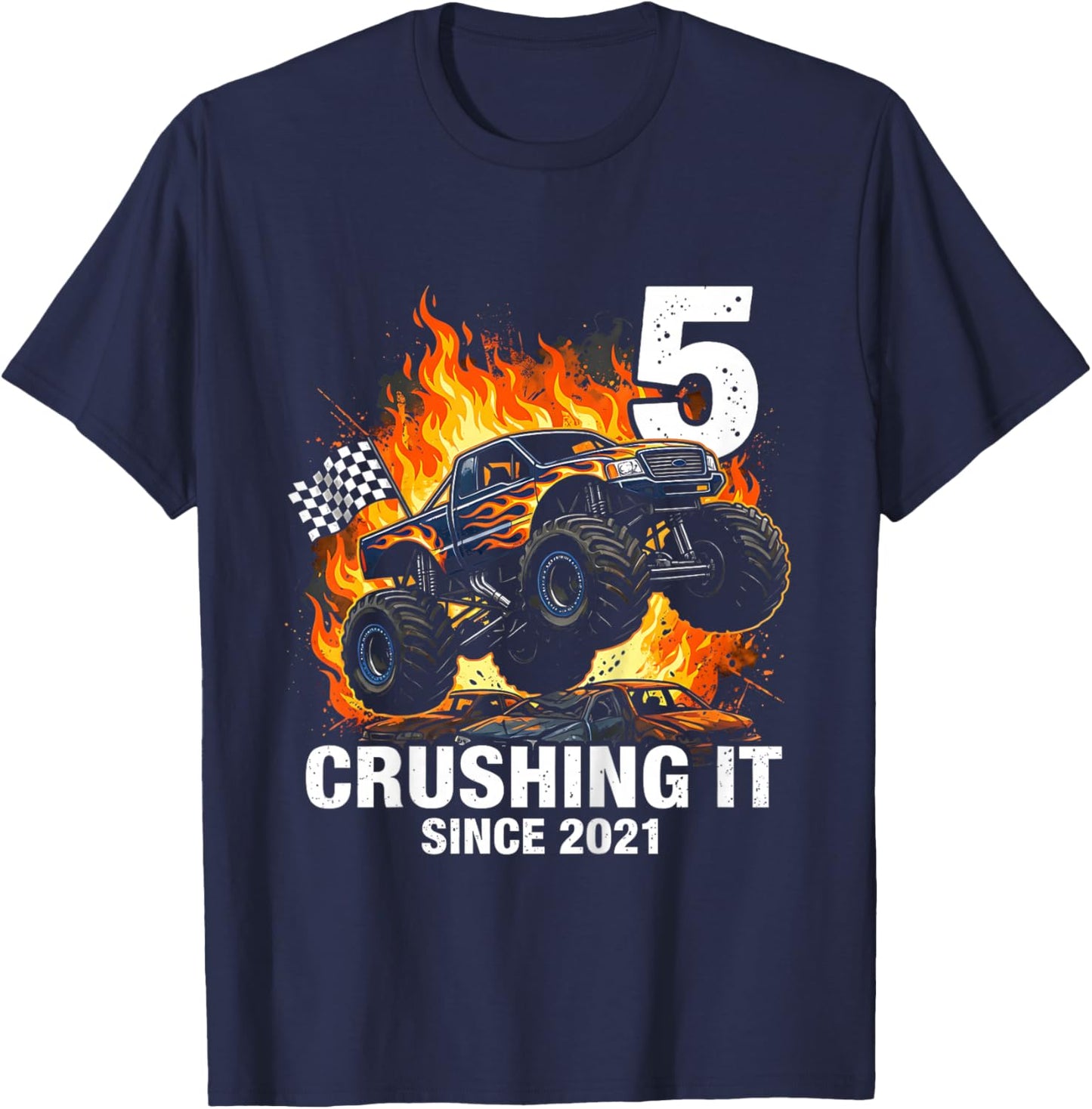 Kids 5th Birthday Truck Turning 5 Years Old Boy Born in 2021 T-Shirt - T-Shirt | Navy