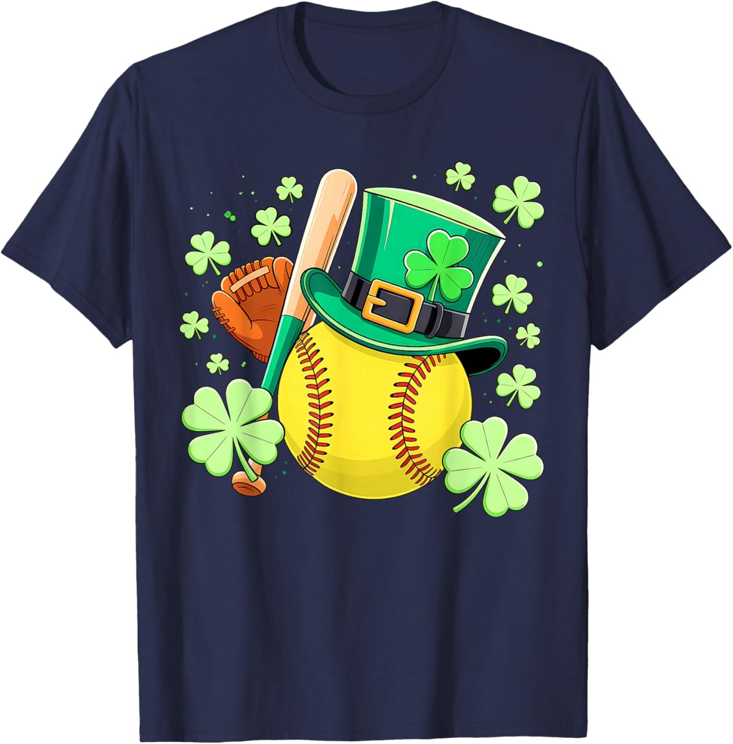Softball St Patricks Day Lucky Softball Player Shamrock T-Shirt - T-Shirt | Navy