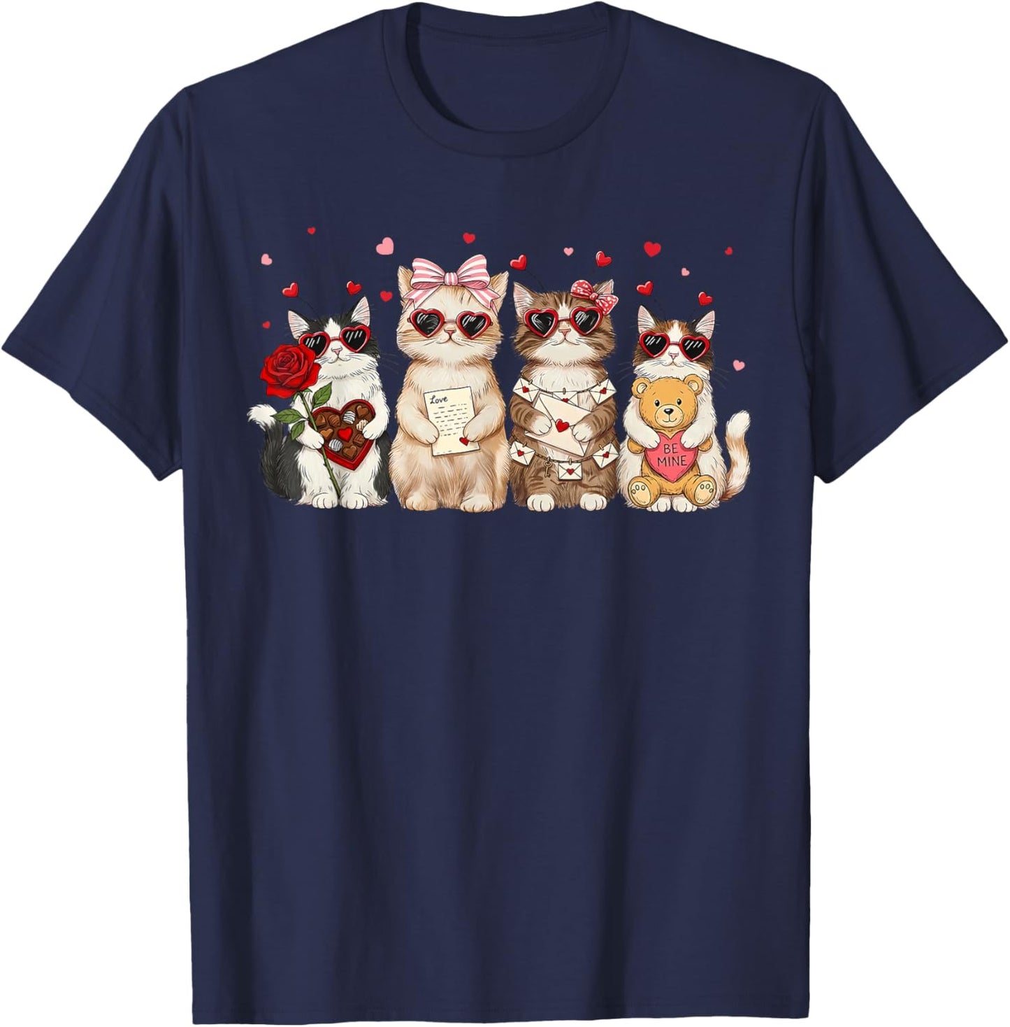 Happy Meowentines Cute Cupid Cat Heart Glasses Coquette Bow T-Shirt - T-Shirt | Navy