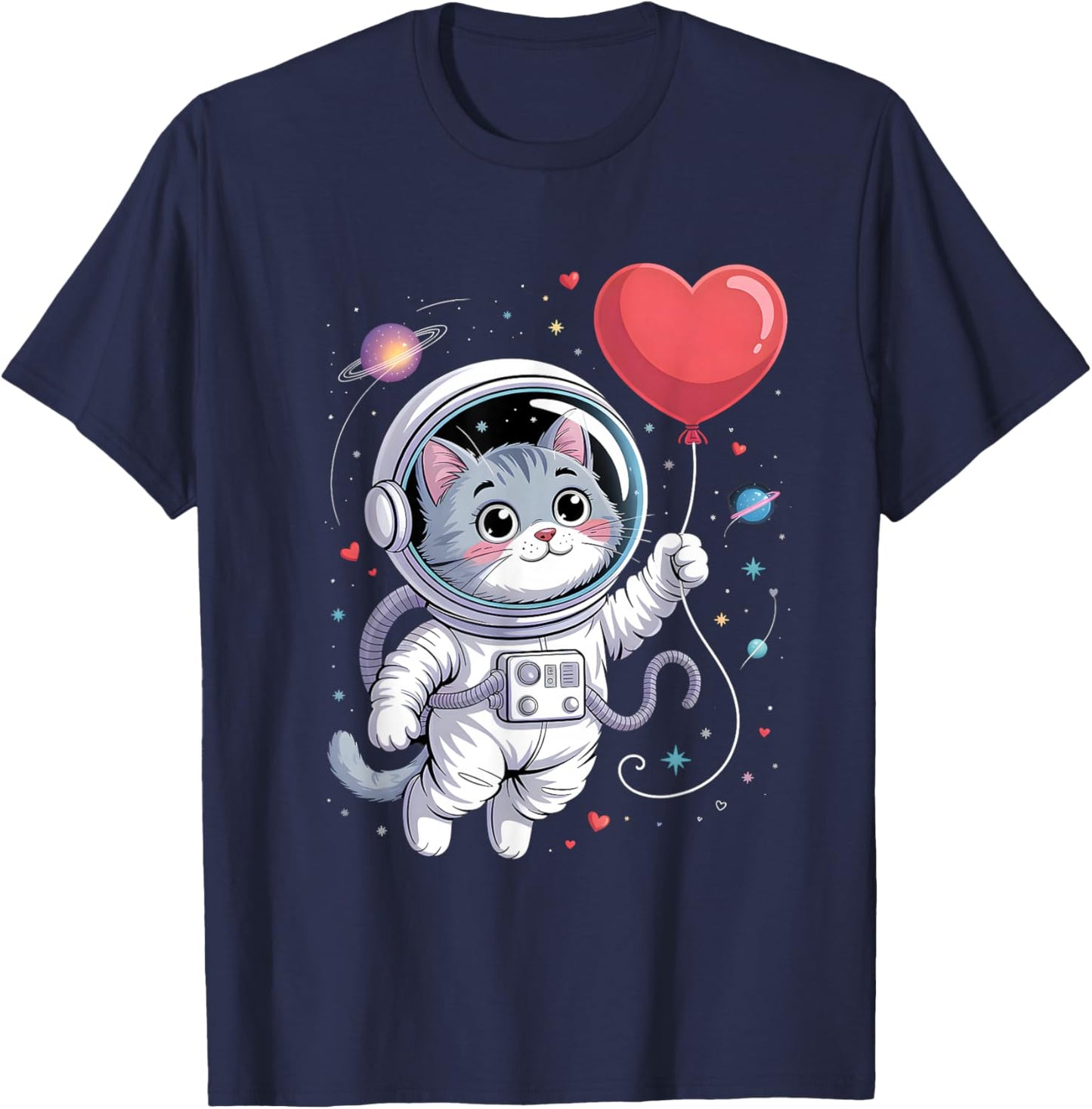 Cute Astronaut Cat Valentine Galaxy Romance Space Style Love T-Shirt - T-Shirt | Navy