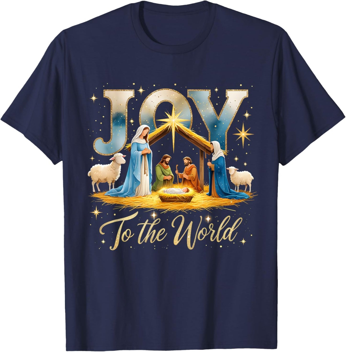 Joy to The World Nativity Scene Christmas T-Shirt - T-Shirt | Navy