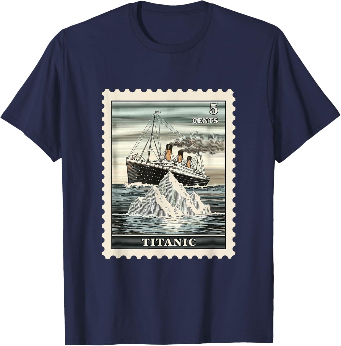 Vintage Titanic Ship Iceberg Stamp Historical Art T-Shirt - T-Shirt | Navy