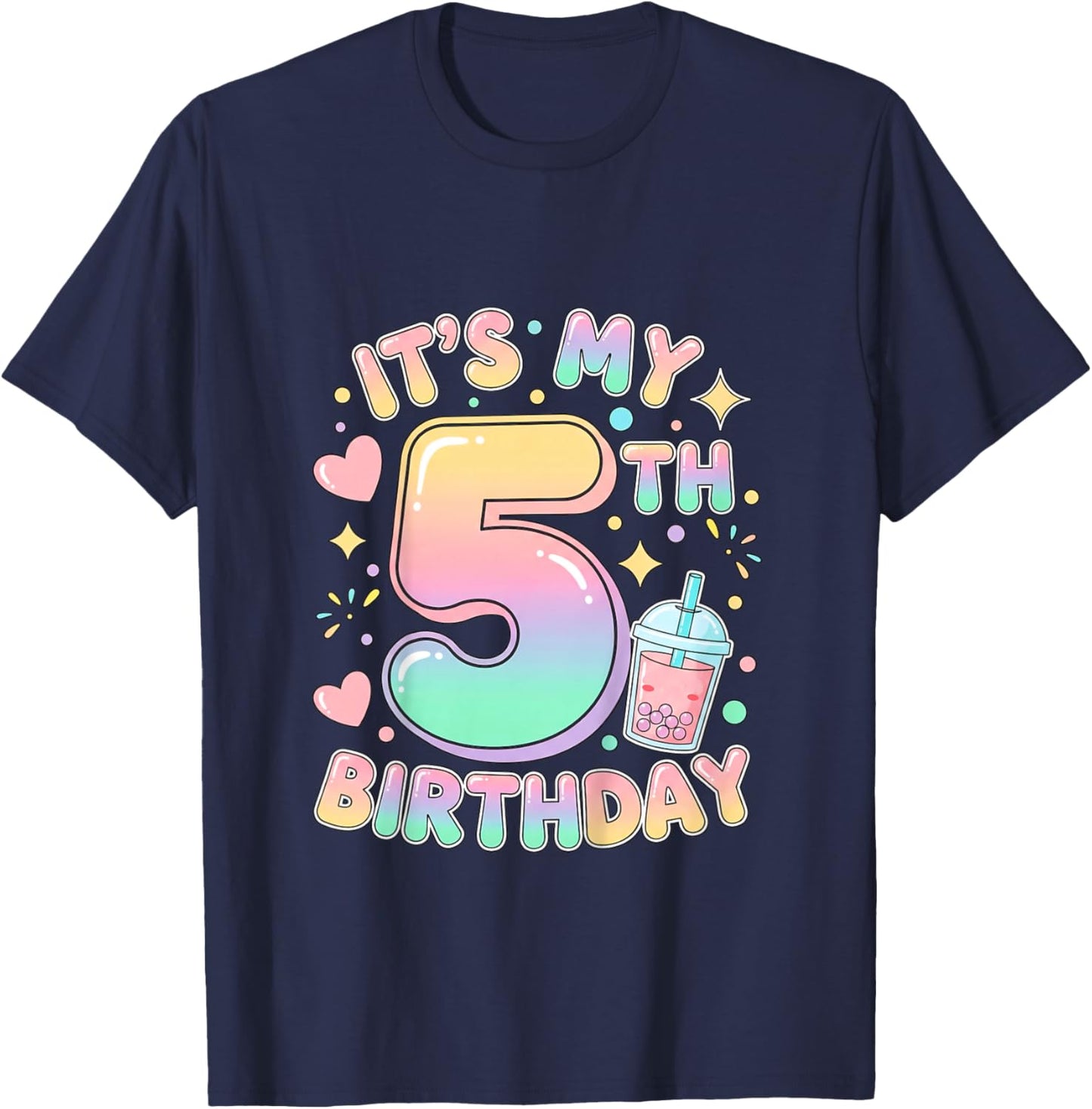 It's My 5th Birthday Bubble Boba Tea Party 5 Year Old Girl T-Shirt - T-Shirt | Navy