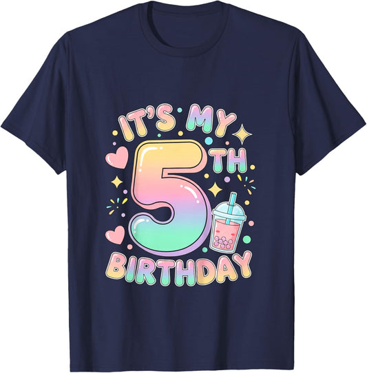 It's My 5th Birthday Bubble Boba Tea Party 5 Year Old Girl T-Shirt - T-Shirt | Navy