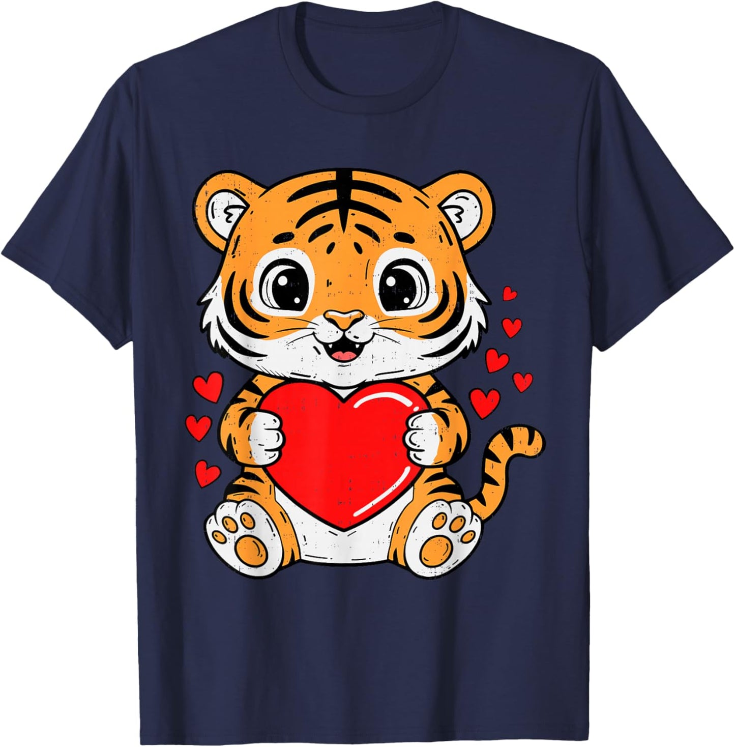Cute Tiger Holding Heart Kawaii Valentines Day Men Women Kid T-Shirt - T-Shirt | Navy