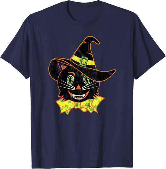 Vintage Halloween Witch Hat Cat T-Shirt - T-Shirt | Navy