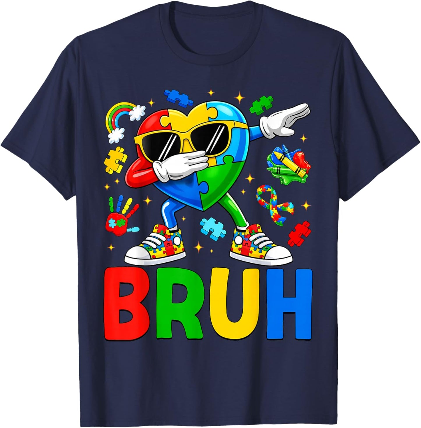 Autism Awareness Bruh Dabbing Heart Puzzle Autistic Boy Kids T-Shirt - T-Shirt | Navy