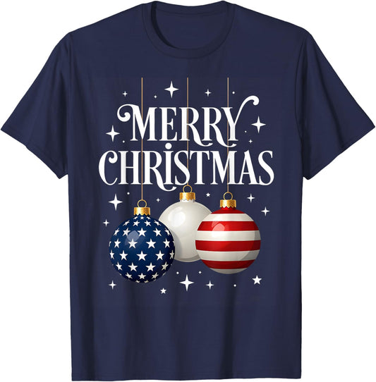 American Flag Merry Christmas Tree Baubles US Patriotic Xmas T-Shirt - T-Shirt | Navy