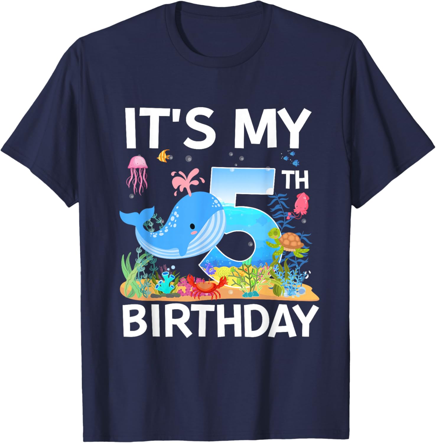 It's My 5th Birthday Whale Sea Animal Theme Party T-Shirt - T-Shirt | Navy