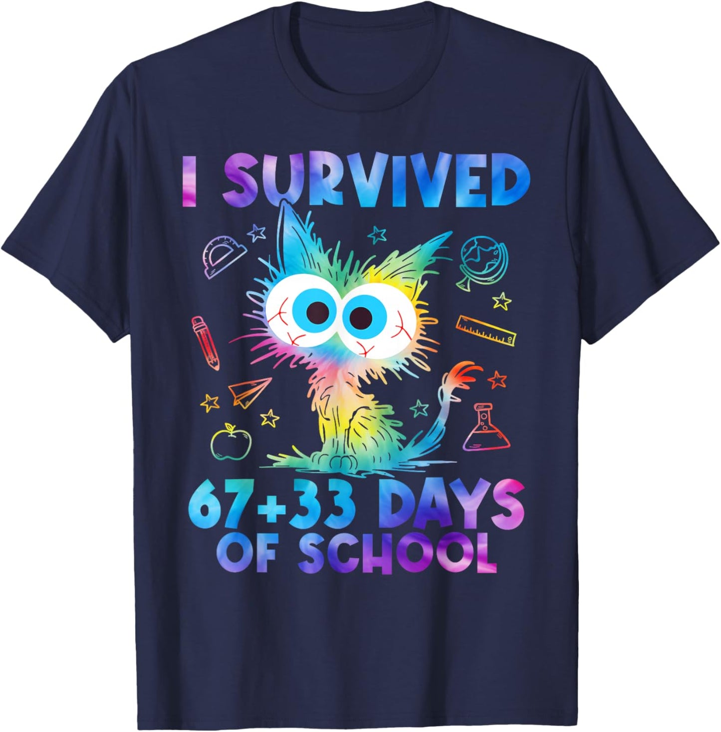 I Survived 67+33 Days of School Funny Cat 100th Day Teacher T-Shirt - T-Shirt | Navy