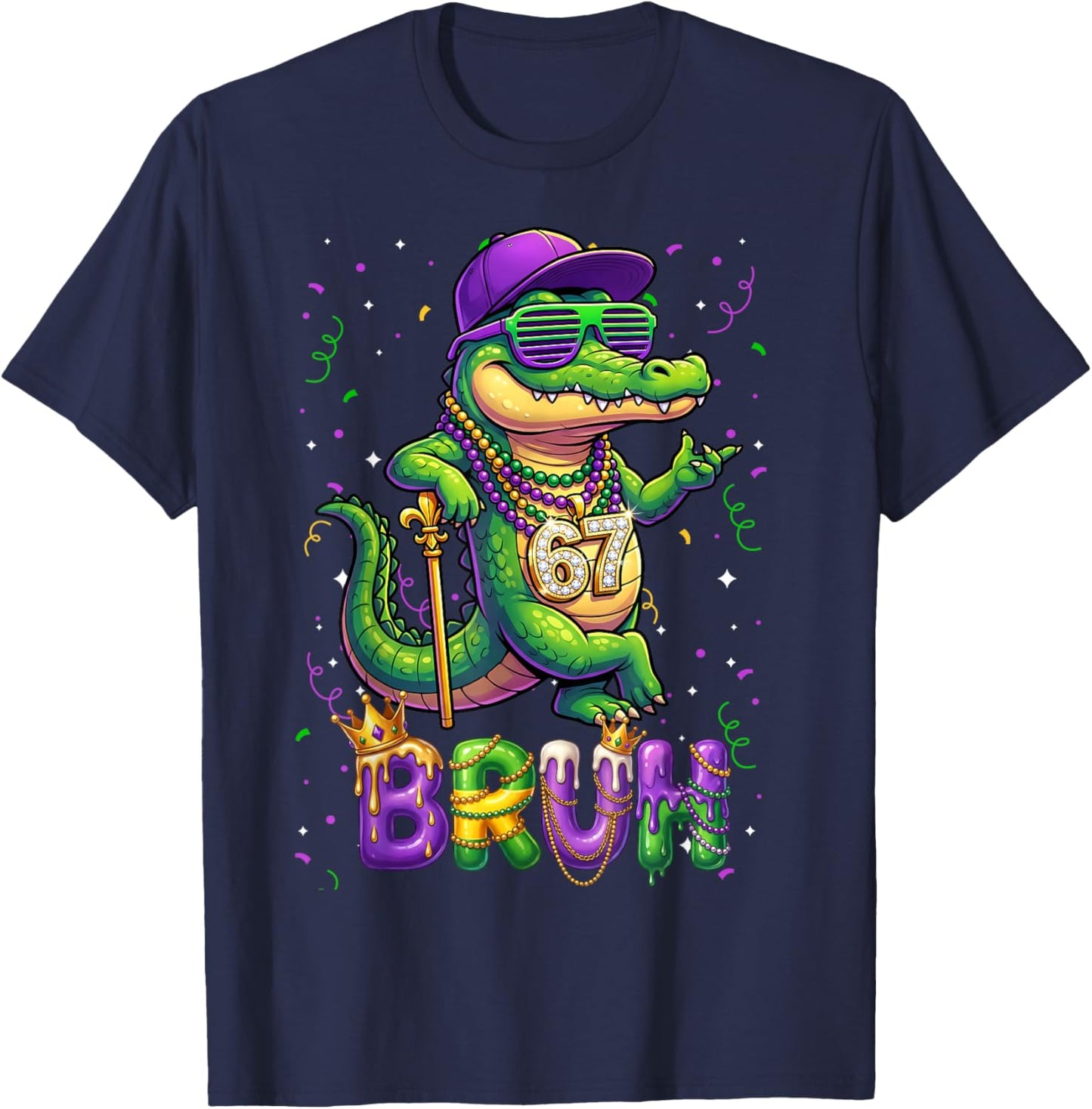 67 Mardi Gras Alligator Mardigator Six Seven Bruh Boys 6 7 T-Shirt - T-Shirt | Navy