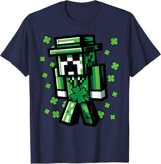 St Patricks Day Pixel Gamer Saint Paddys Gaming Boys Kid Men T-Shirt - T-Shirt | Navy