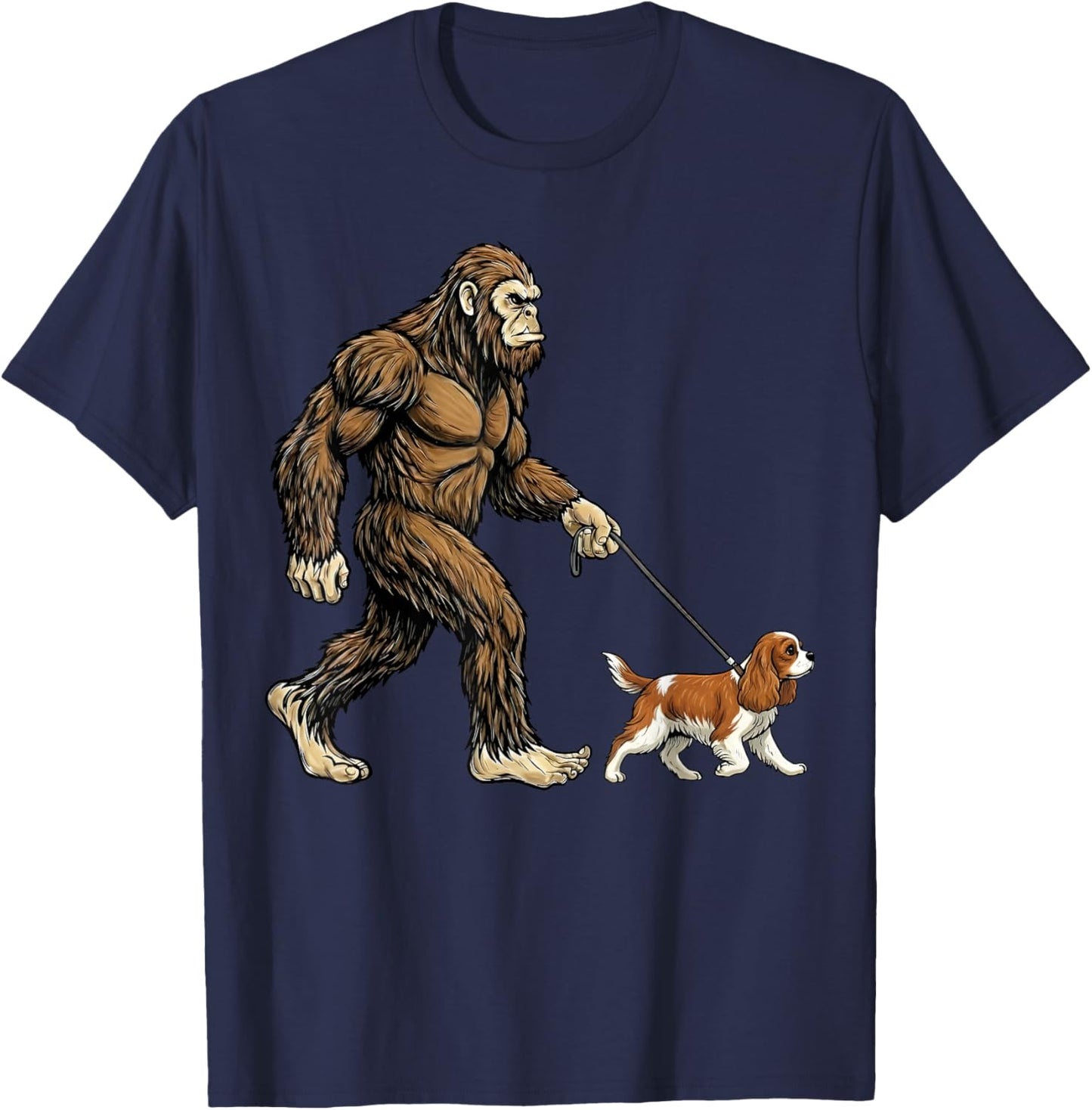 Bigfoot Walking Cavalier Spaniel Dog Funny Sasquatch T-Shirt - T-Shirt | Navy