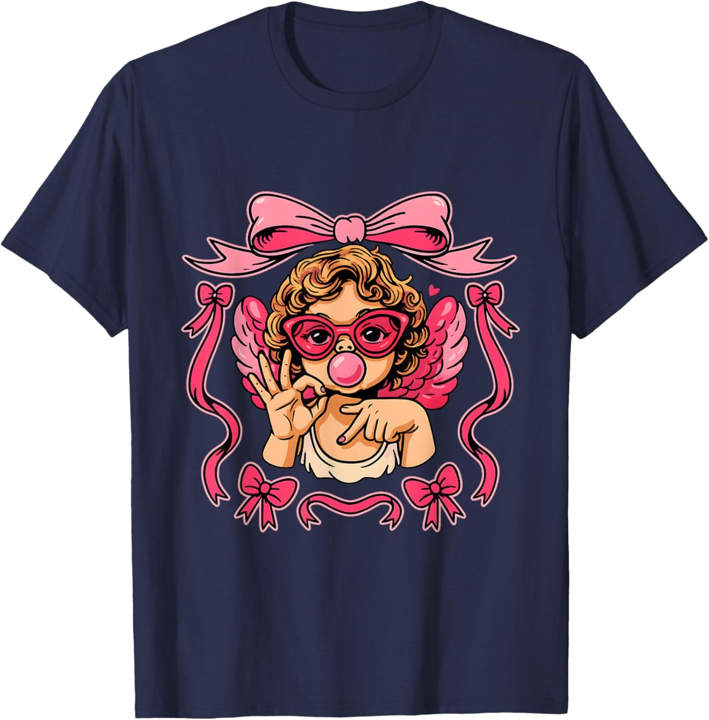 Retro 67 Cupid Angel Bubblegum Pink Aesthetic Valentine T-Shirt - T-Shirt | Navy