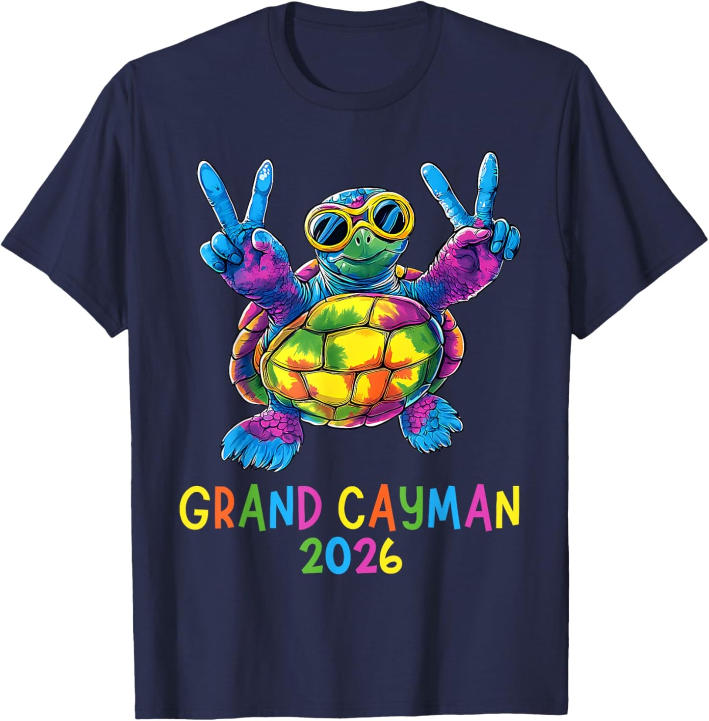 Retro Grand Cayman 2026 Colorful Sea Turtle Summer Vacation T-Shirt - T-Shirt | Navy