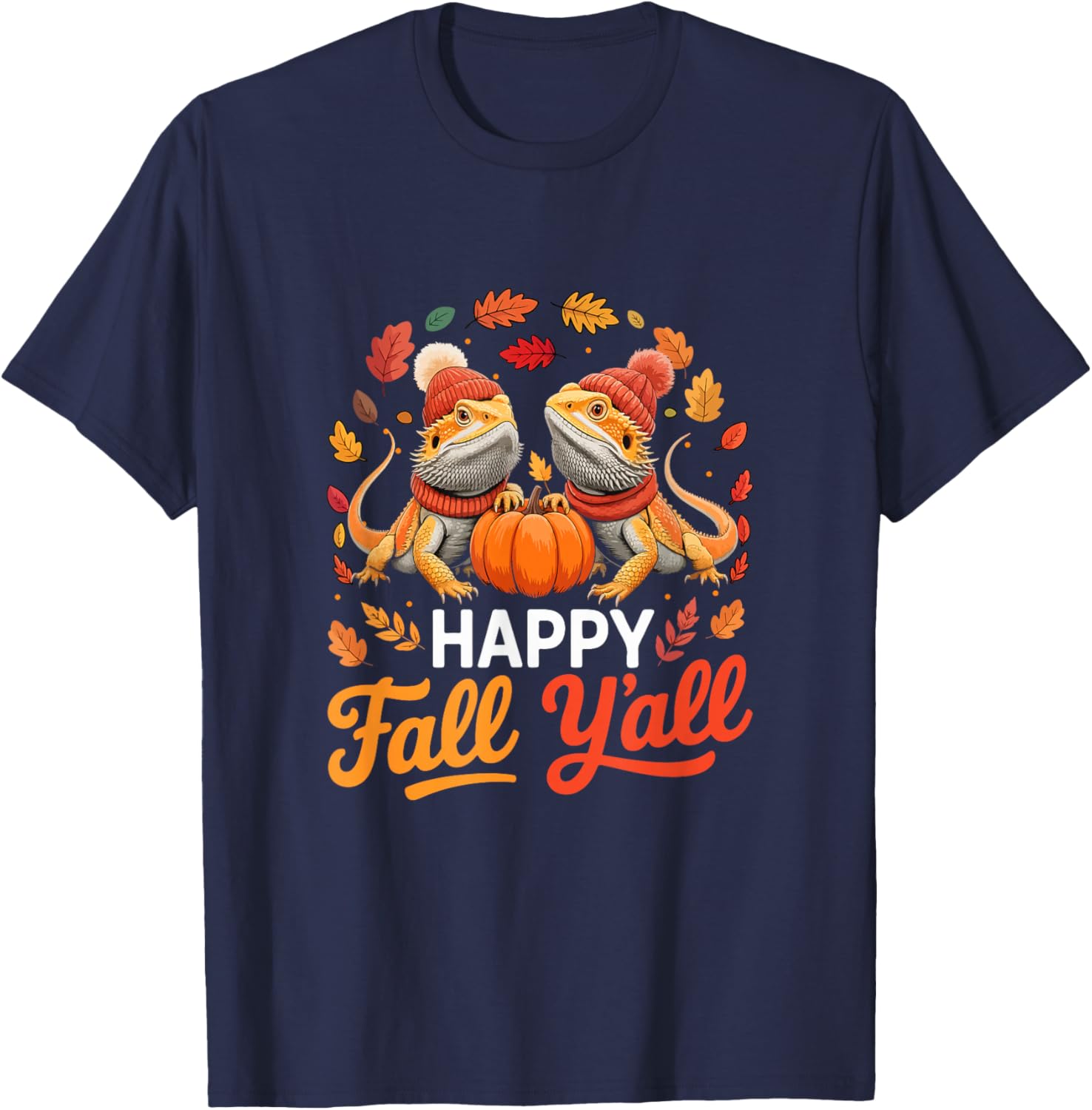 Fall Y'all Thanksgiving Couple Bearded Dragons Colorful Fall T-Shirt - T-Shirt | Navy