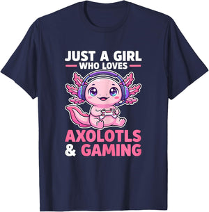Just A Girl Who Loves Axolotls and Gaming Cute Gamer Axolotl T-Shirt - T-Shirt | Navy