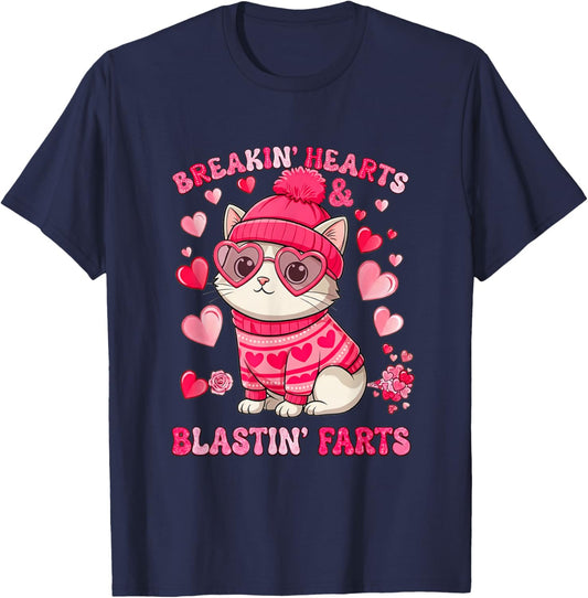 Funny Cat Breaking Hearts Blasting Farts Valentines Day T-Shirt - T-Shirt | Navy