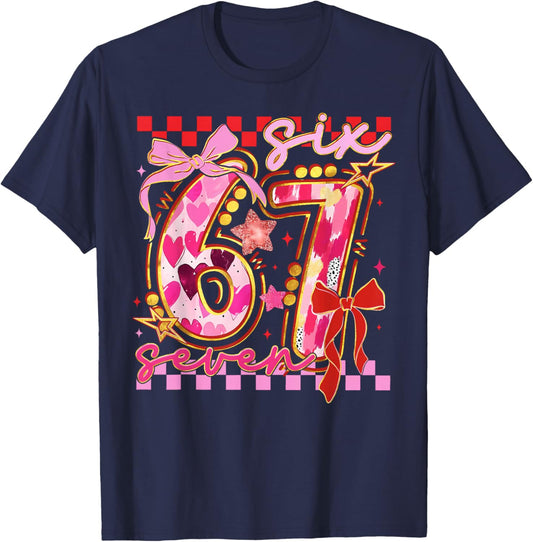 Six Seven Valentine Day Funny Pink 67 Cute Bow Girls Women T-Shirt - T-Shirt | Navy