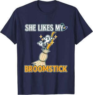She Likes My Broomstick He Likes My Pumpkins Funny Couple T-Shirt - T-Shirt | Navy