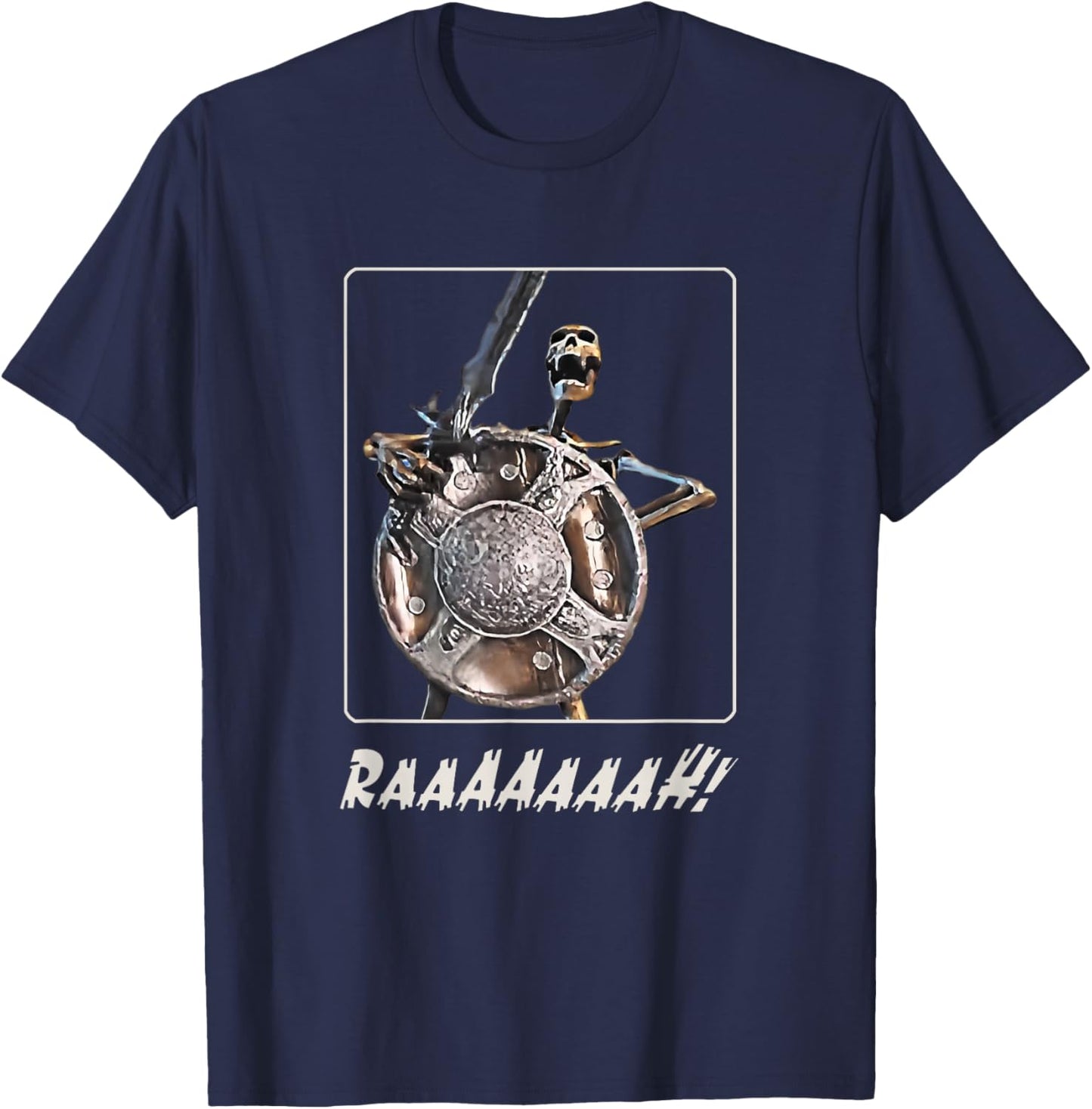 Skeleton Banging Shield Funny Meme T-Shirt - T-Shirt | Navy