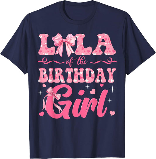Lola of The Birthday Girl Family Pink Coquette Bow T-Shirt - T-Shirt | Navy