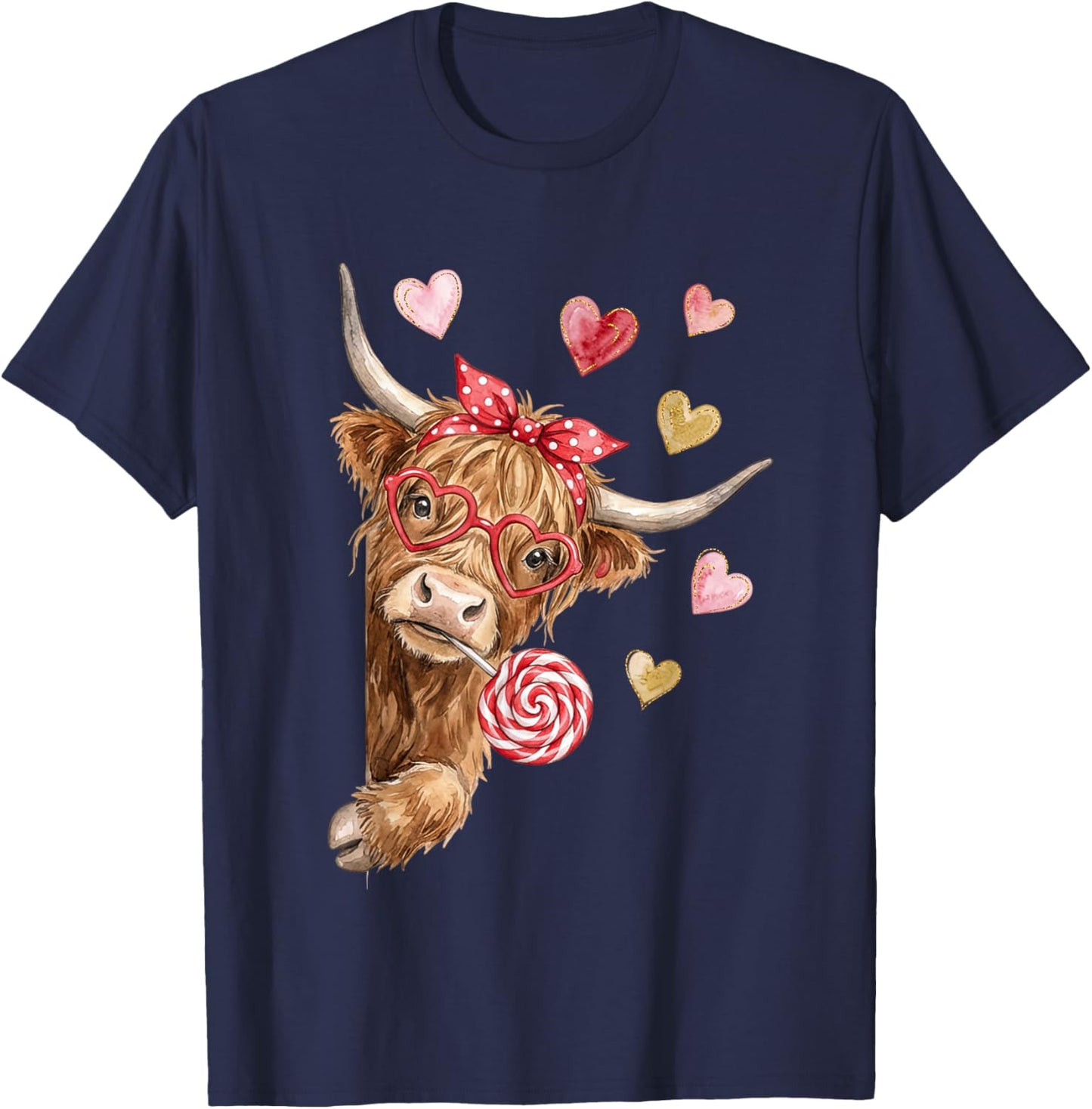 Valentine Highland Cow Lollipop Heart T-Shirt - T-Shirt | Navy