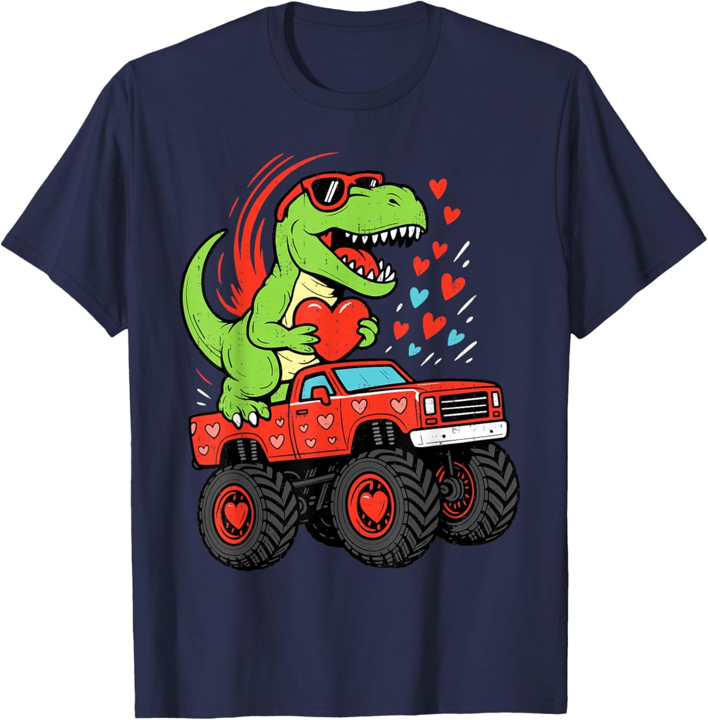 Dinosaur T Rex Ridding Truck Valentines Day Boy Toddler Kids T-Shirt - T-Shirt | Navy