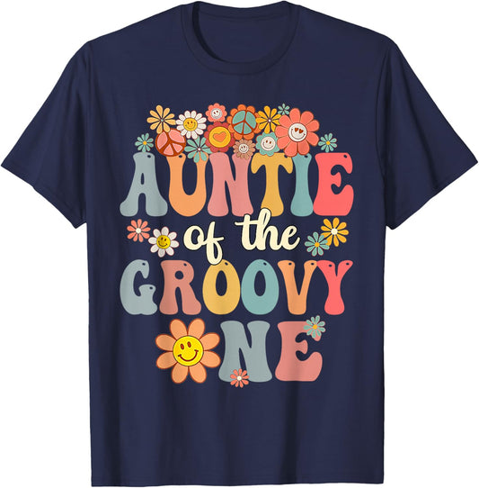 Retro Auntie of Groovy One Matching Family 1st Birthday T-Shirt - T-Shirt | Navy
