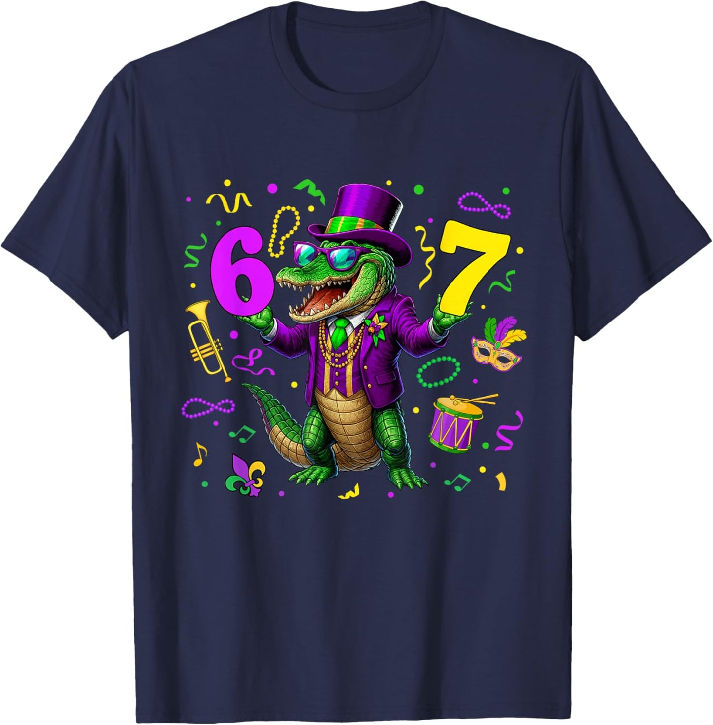 Alligator Six Seven Bruh 6 7 Meme Mardi Gras Carnival Kids T-Shirt - T-Shirt | Navy