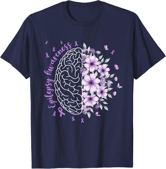Epilepsy Awareness Floral Brain Purple Ribbon Warrior Women T-Shirt - T-Shirt | Navy
