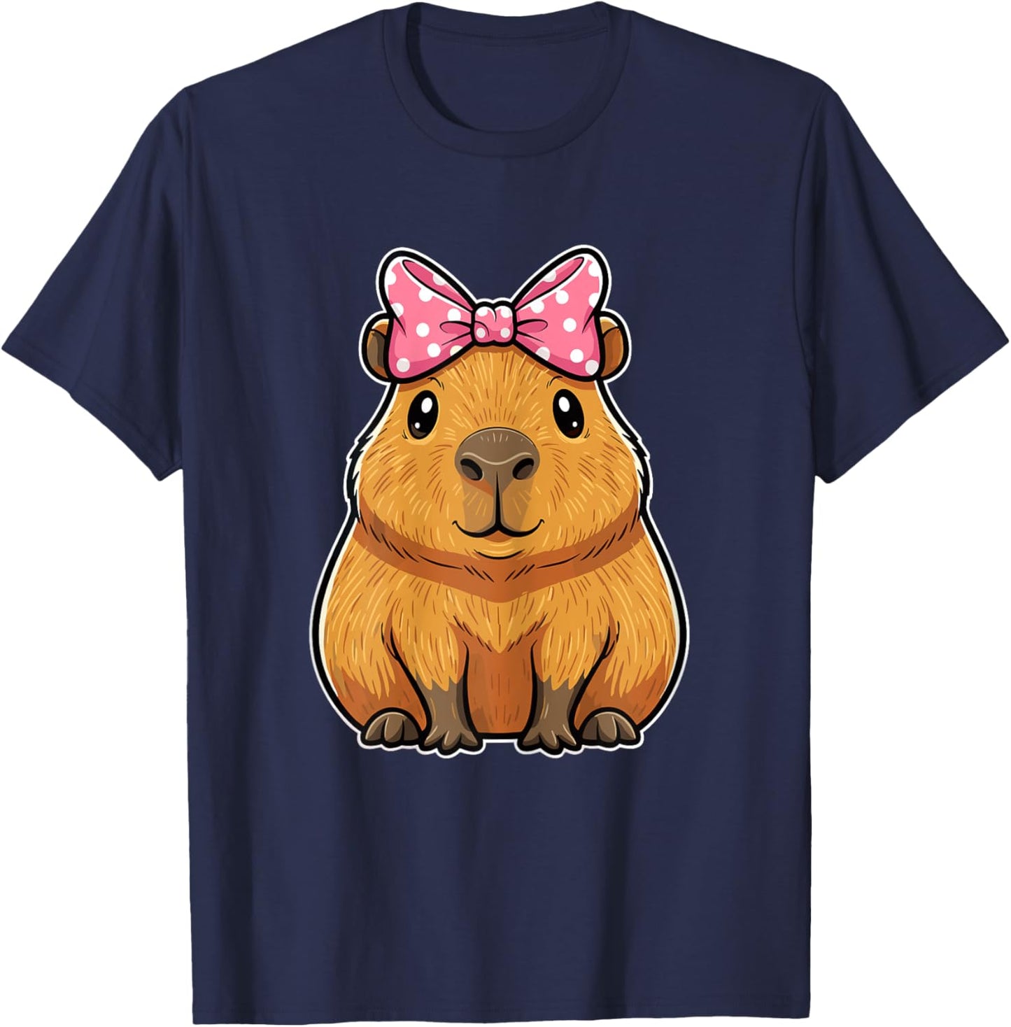 Capybara with Pink Ribbon Bow T-Shirt - T-Shirt | Navy