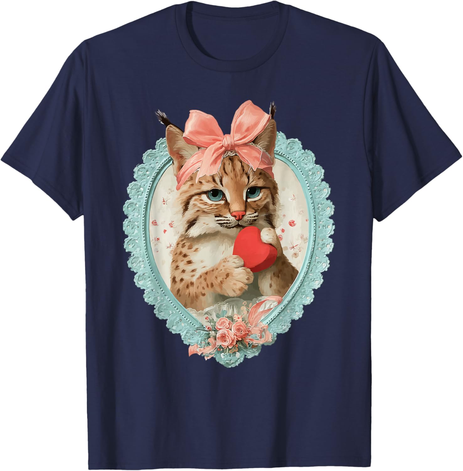 Vintage Valentine Bobcat with Heart Romantic Animal Coquette T-Shirt - T-Shirt | Navy