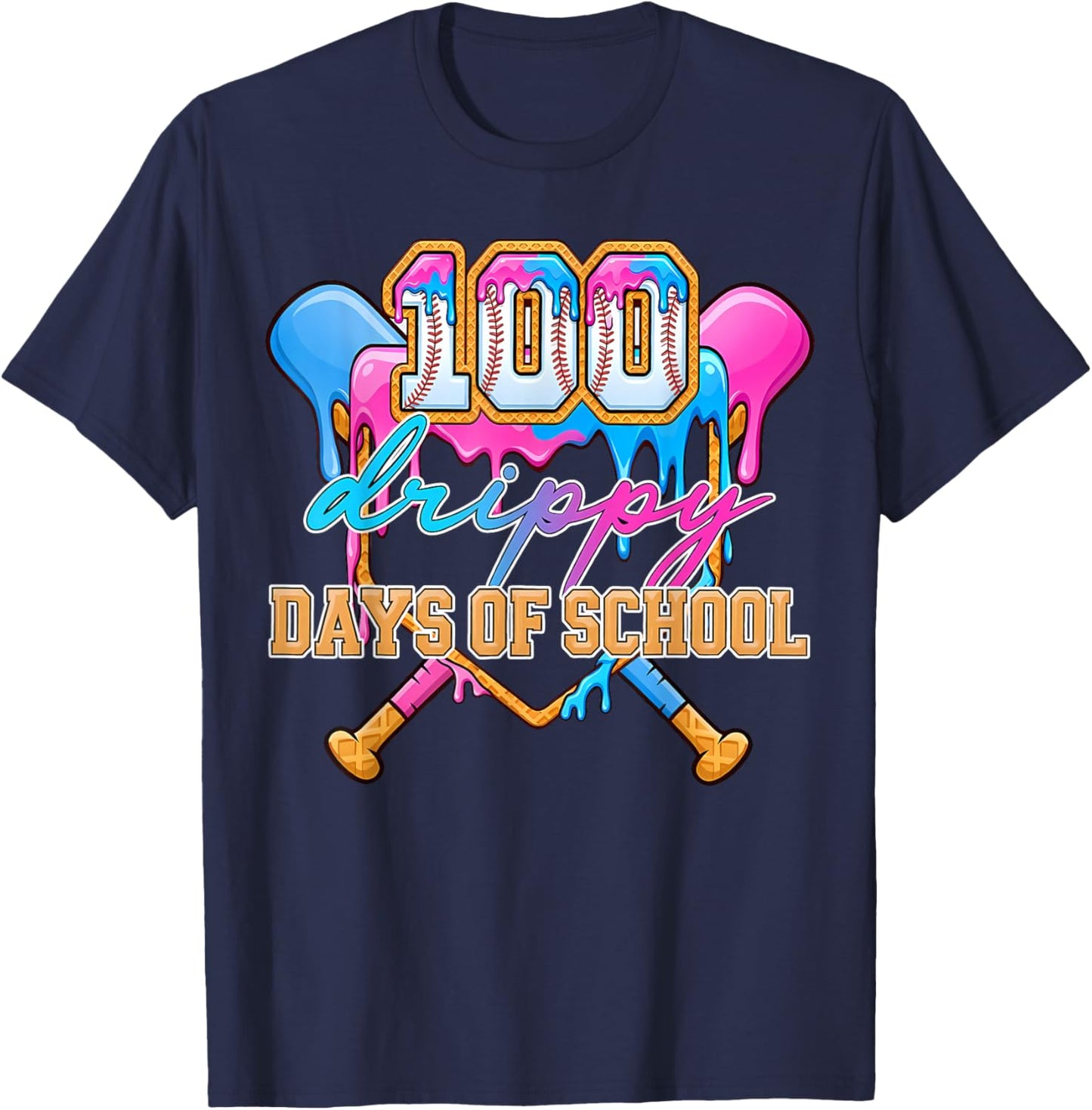 100 Drippy Days of School Baseball Ice Cream Drip Boys Kids T-Shirt - T-Shirt | Navy