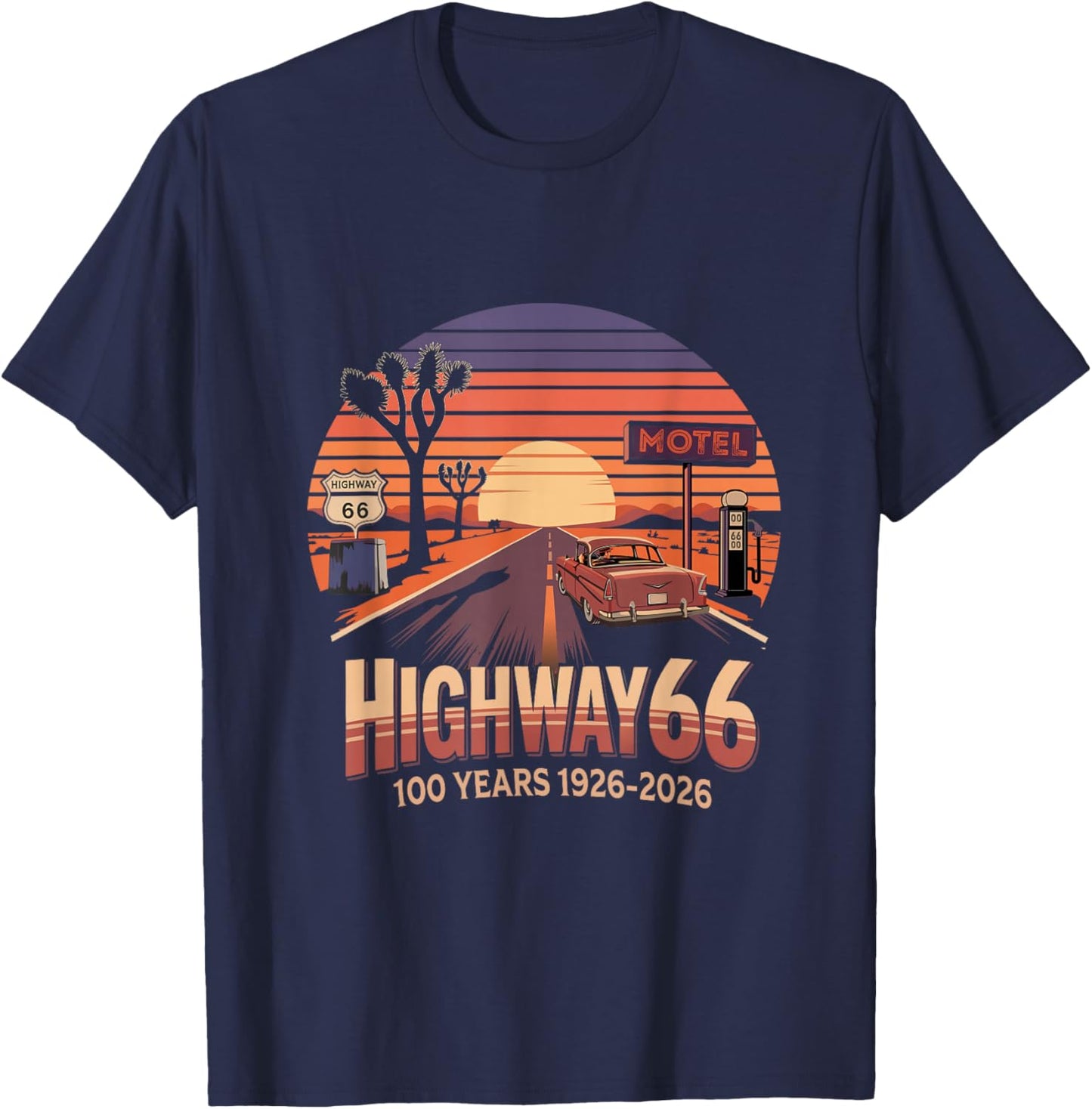 Highway 66 100 Years 1926-2026 Classic Car Lover Anniversary T-Shirt - T-Shirt | Navy