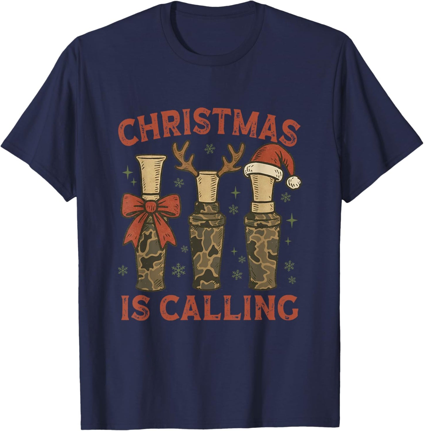 Christmas is Calling Camo Duck Call Antlers Santa Hat Hunter T-Shirt - T-Shirt | Navy