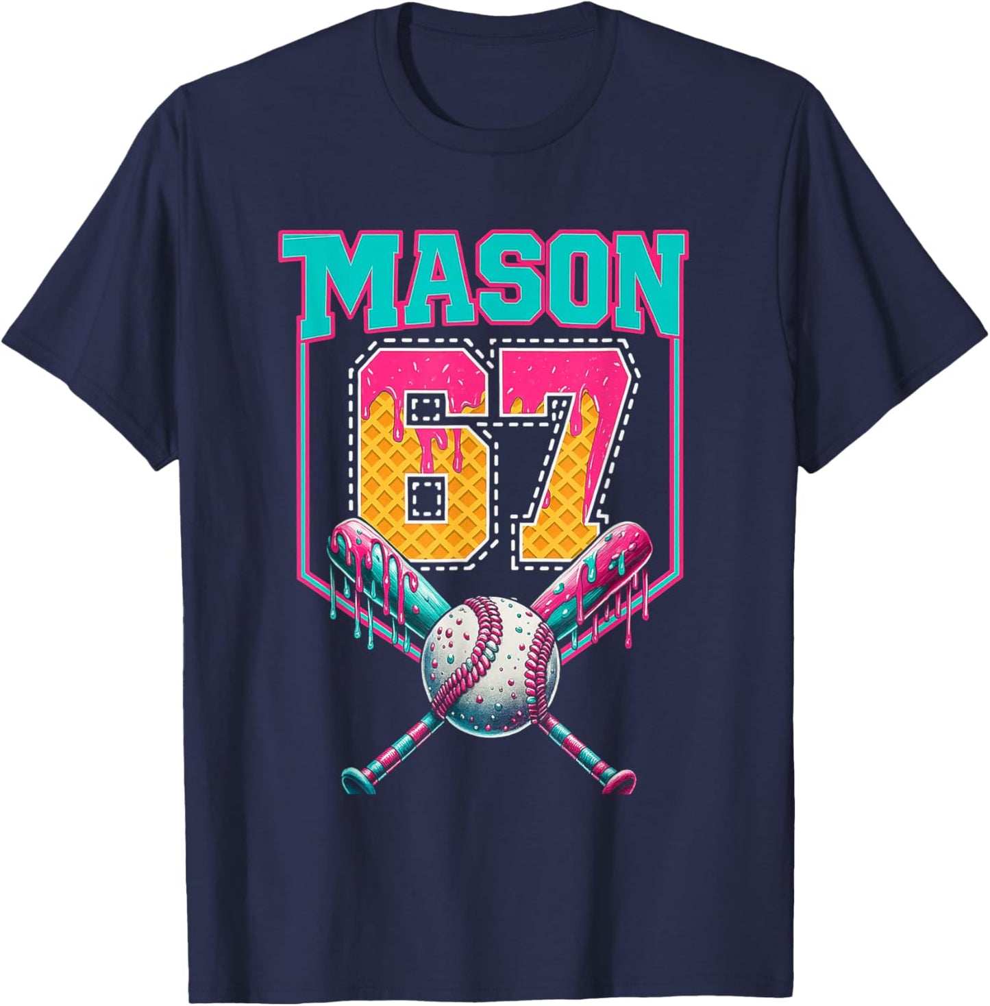 Trendy Mason 67 Mem Ice Cream Drip Baseball Birthday Costume T-Shirt - T-Shirt | Navy