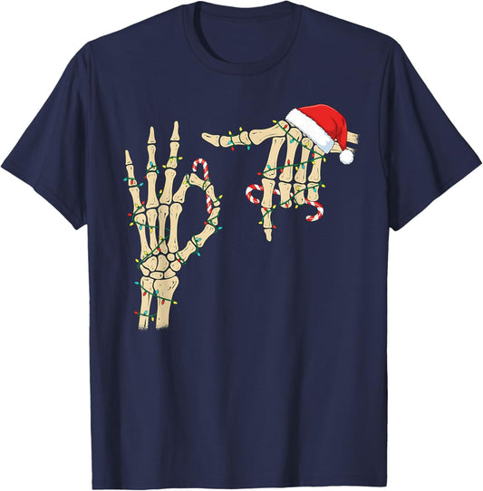 67 Six Seven Meme Skeleton Hand Christmas Santa Hat T-Shirt - T-Shirt | Navy
