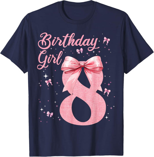 Kids 8th Birthday Girl Coquette Bow Theme 8 Year Old Girls T-Shirt - T-Shirt | Navy