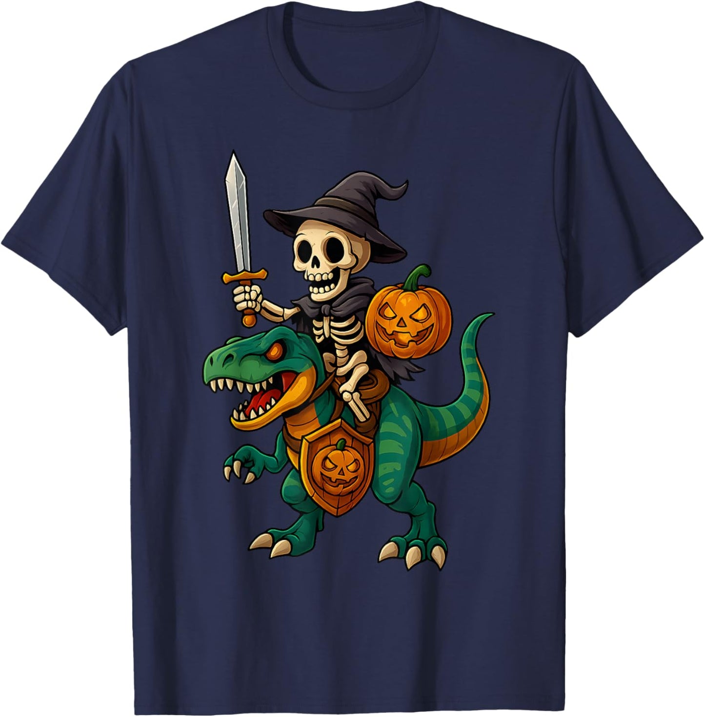 Funny Skeleton Riding T Rex with Sword and Pumpkin Halloween T-Shirt - T-Shirt | Navy